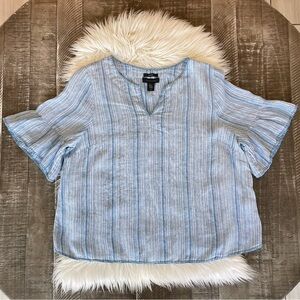 Tahari Blue Striped 100% Linen Lightweight Coastal Beach Blouse Top Size 2X
